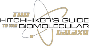 Logo of the Hitchhiker's Guide to the Biomolecular Galaxy symposium