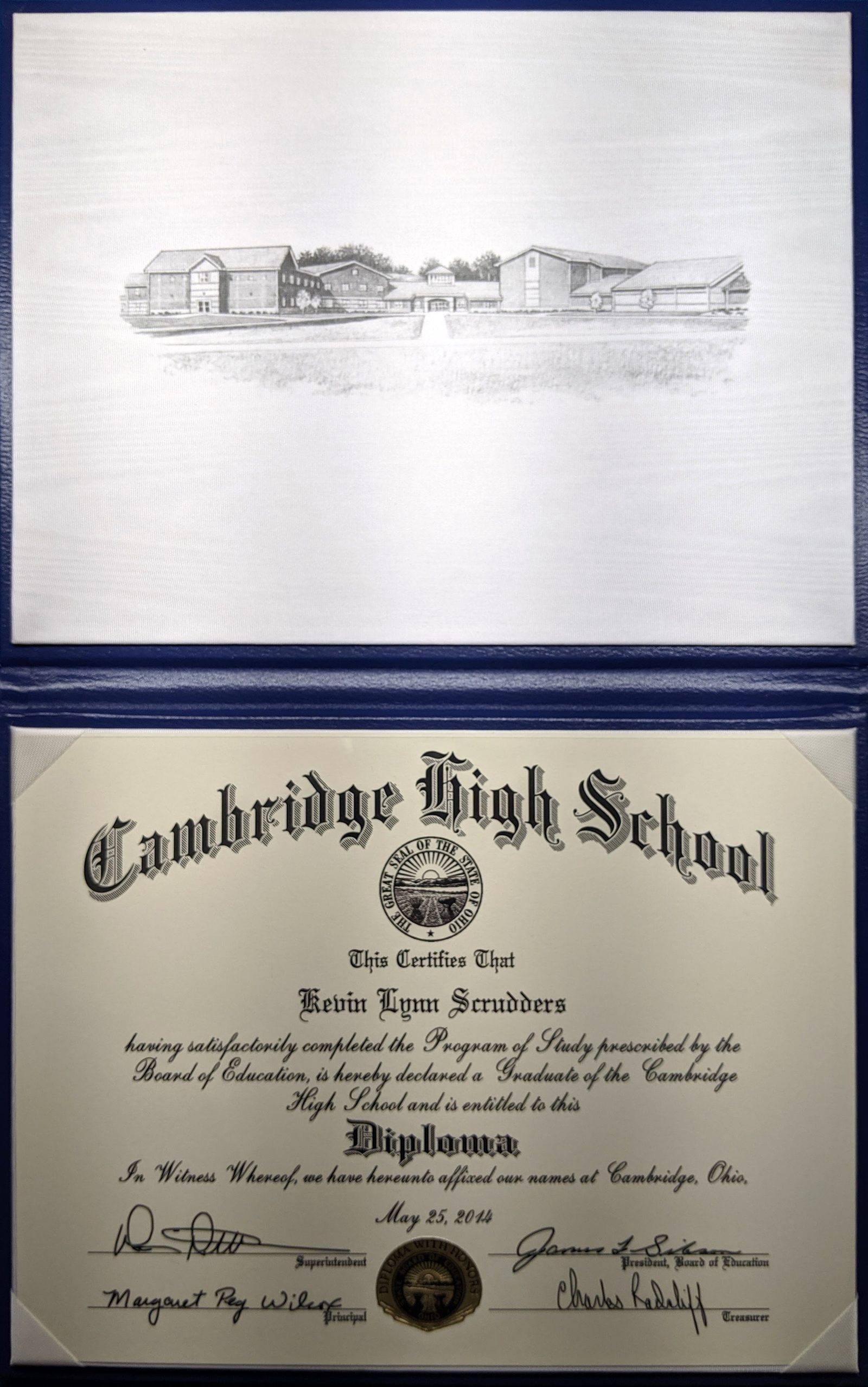 Kevin's Cambridge High School diploma, dated May 25, 2014