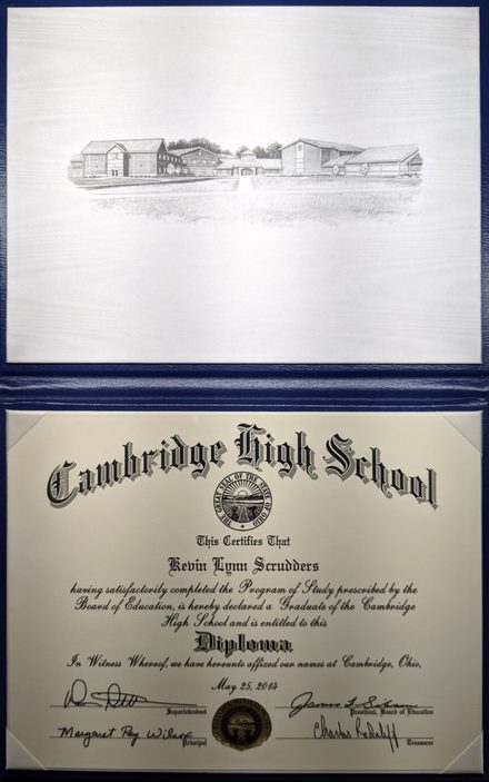 Kevin's Cambridge High School diploma, dated May 25, 2014