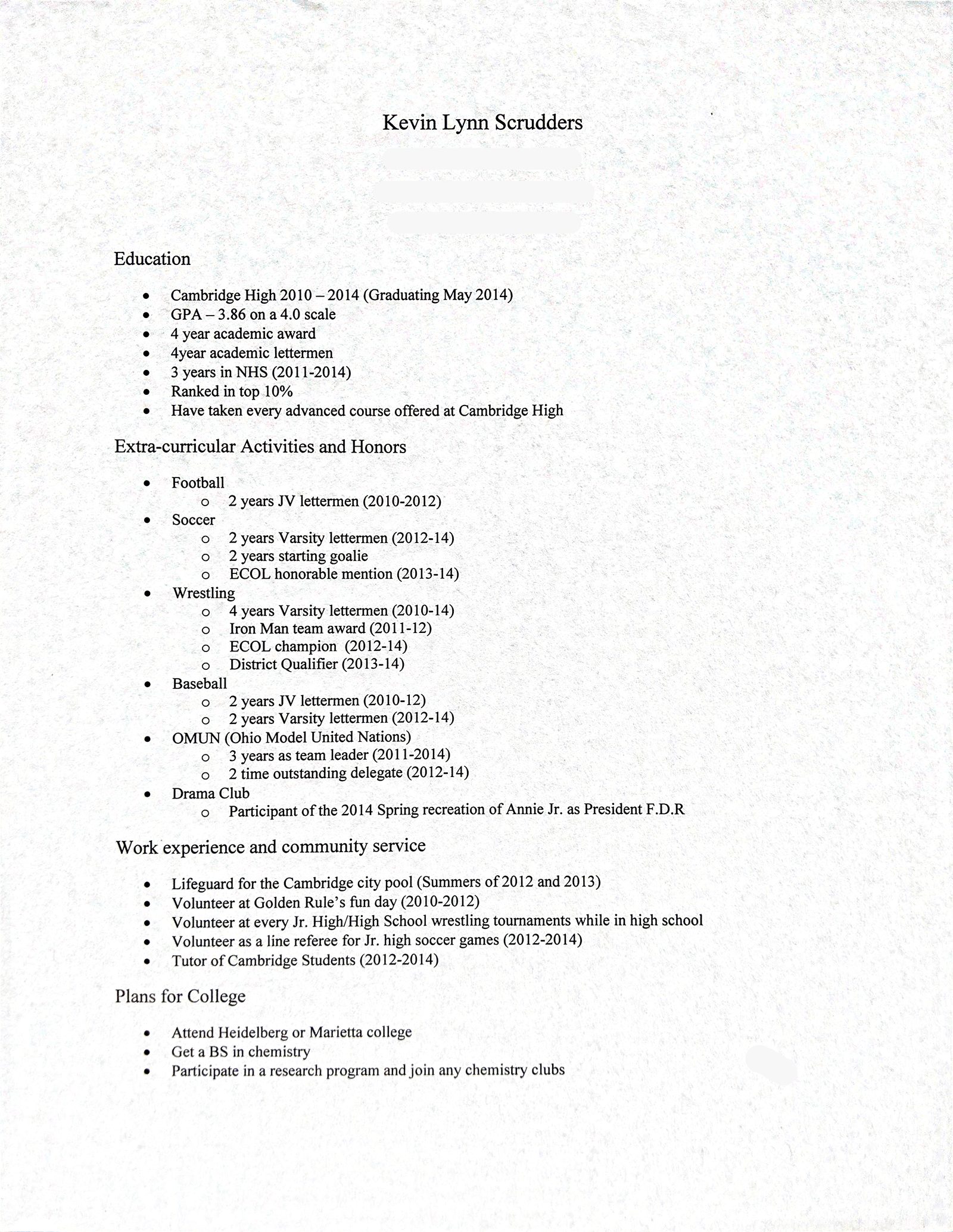Kevin's high school résumé, listing academics, athletics, Model UN, drama, and community service