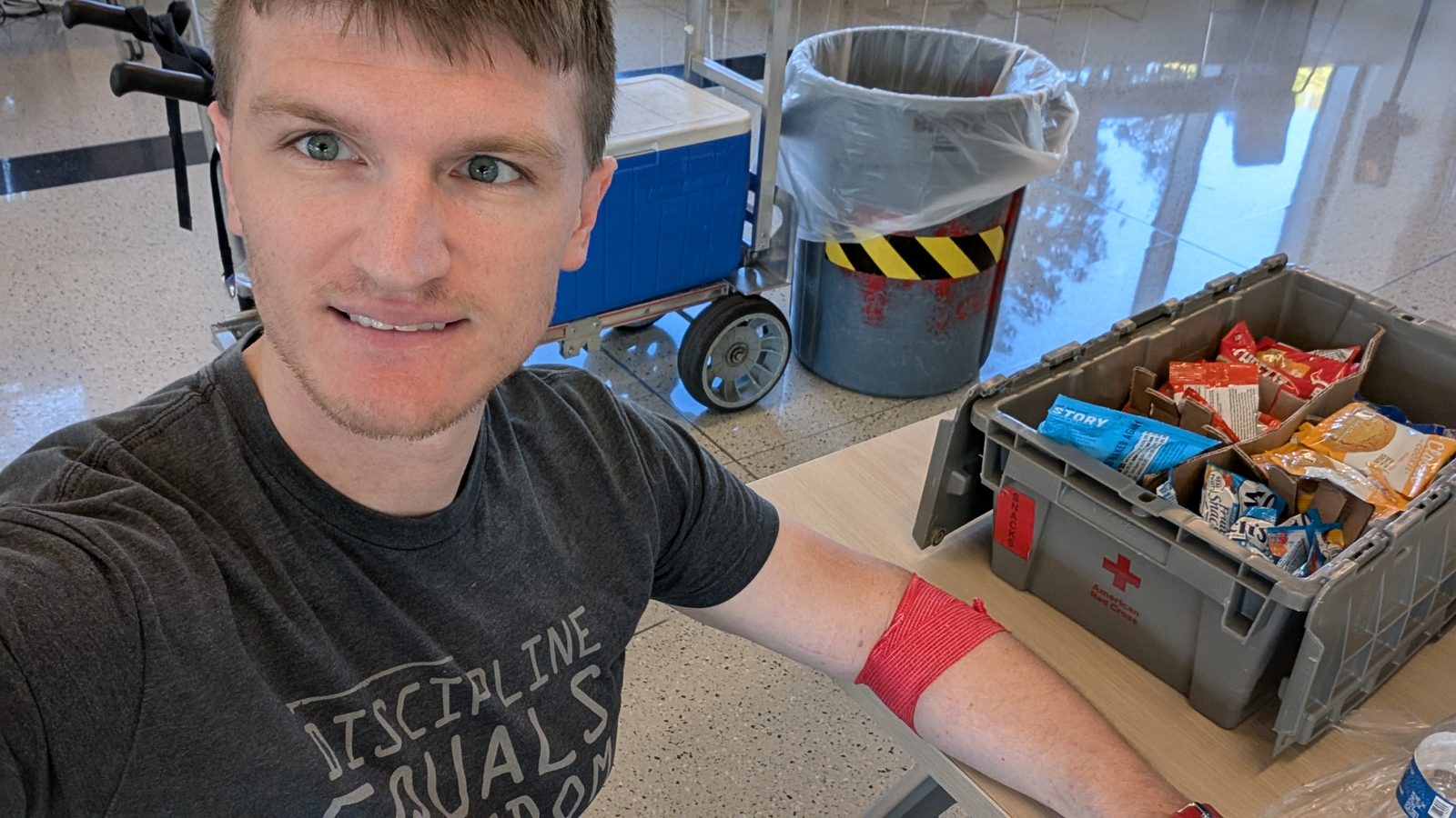 Kevin Scrudders at his 48th blood donation, marking his 6th gallon