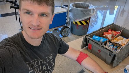 Kevin Scrudders at his 48th blood donation, marking his 6th gallon
